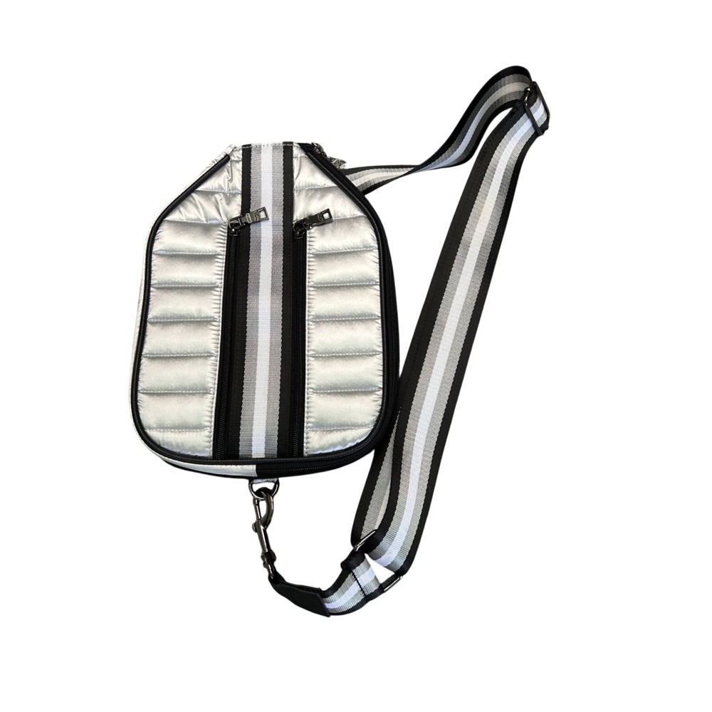 Think Royln Metallic‎ Silver Quilted Sling Bag Crossbody Striped Strap Sporty